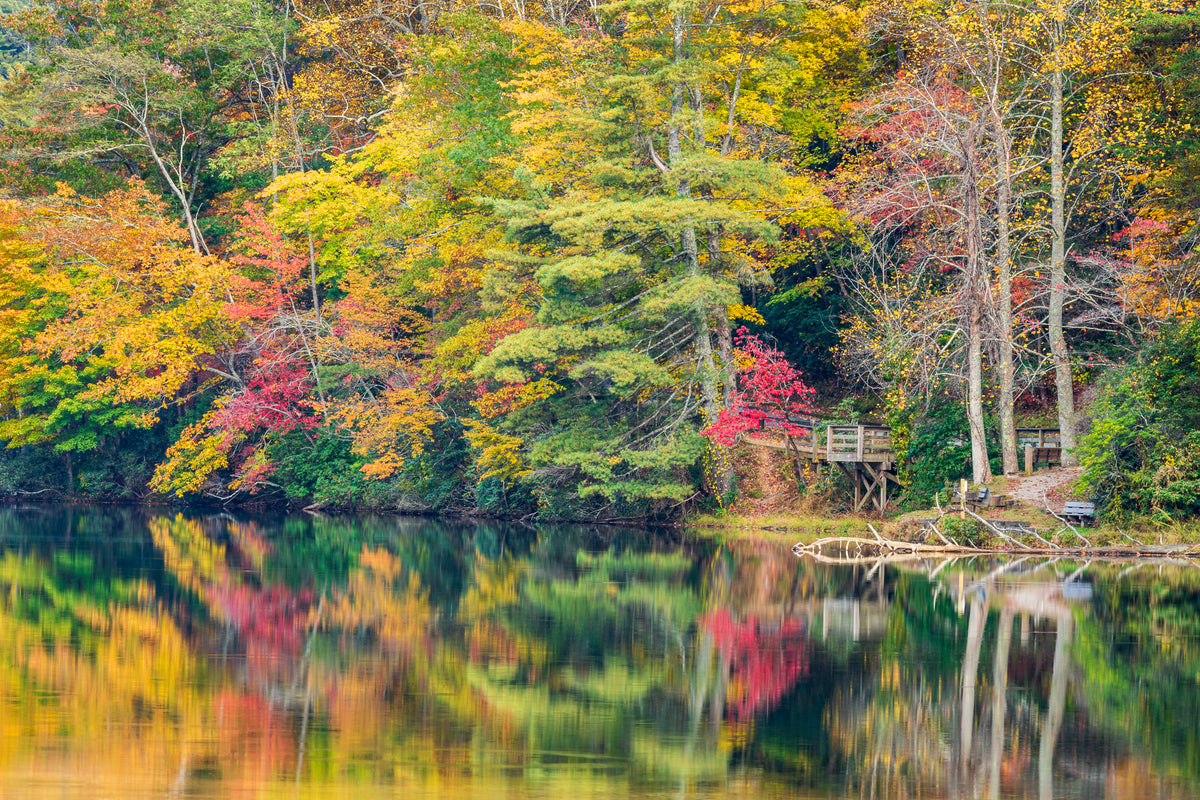 45 x 30″, Fine Art Print - Giclee Wooden deck over looking a lake in Autumn