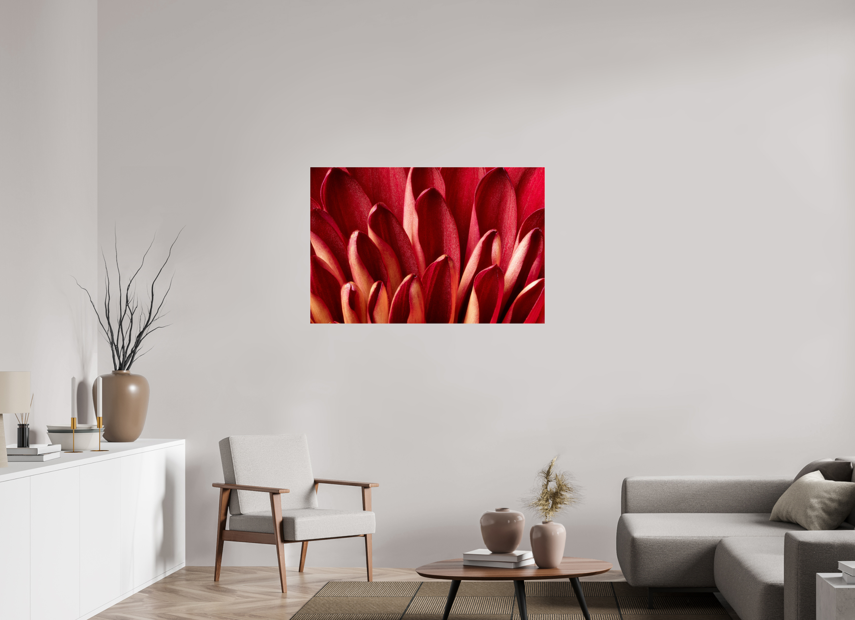 45 x 30″, Photo Print Under Acrylic Glass Red Mums Petals