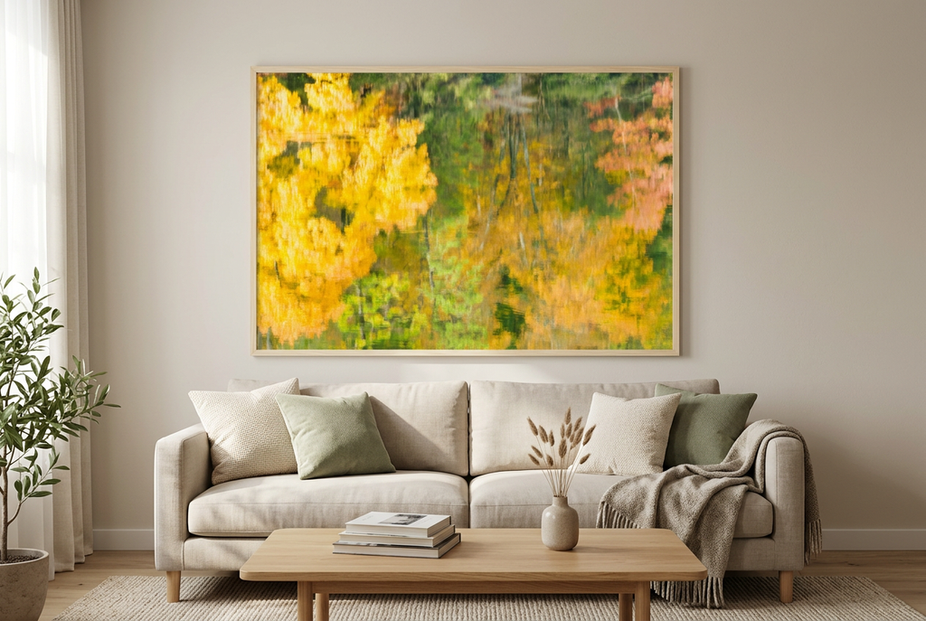 Abstract autumn reflections in a warm living room