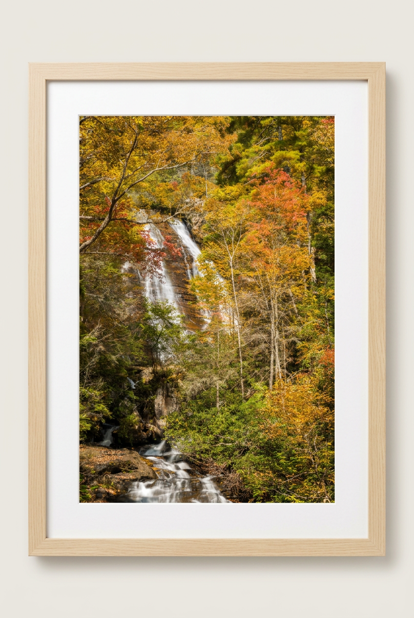 Anna Ruby Falls in Autumn with wood frame and white mat
