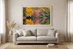 Autumn cabin and lake photograph in a warm living room