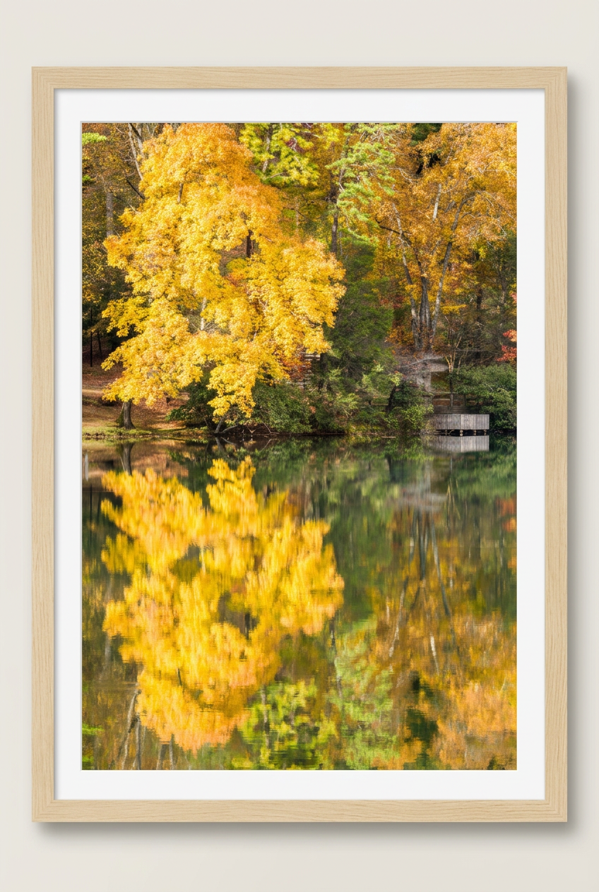Autumn lake and wooden deck photograph with wood frame and white mat