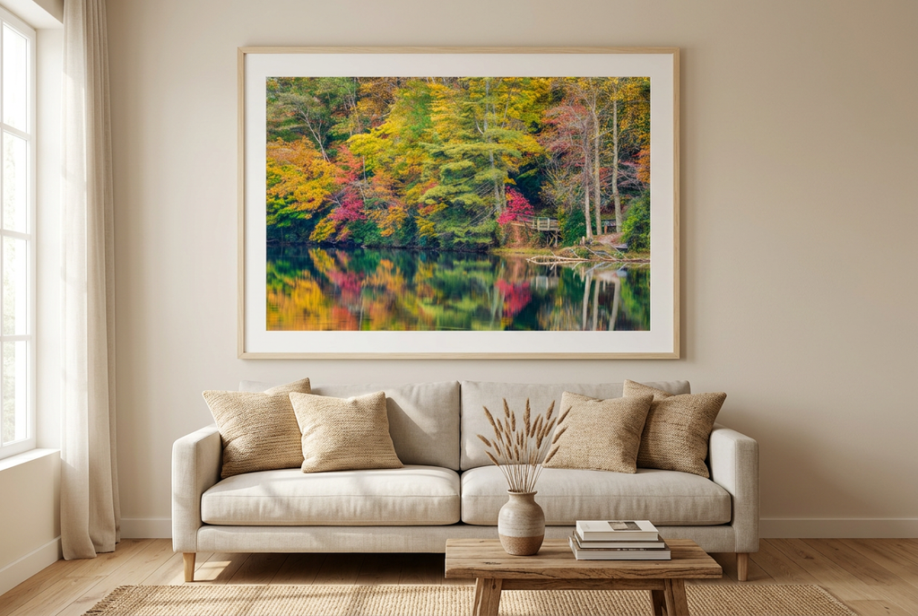 Autumn lake photograph in a warm living room