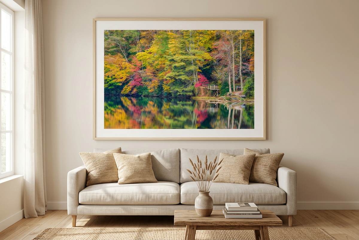 Autumn lake photograph in a warm living room