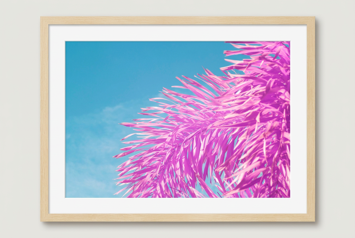 Horizontal infrared palm photograph with wood frame and white mat