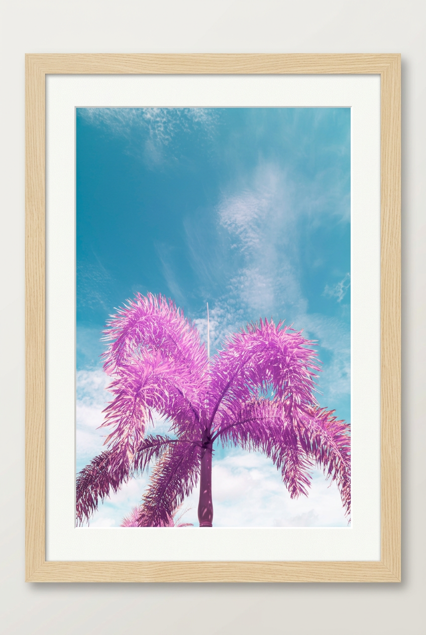 Infrared palm tree with wood frame and white mat