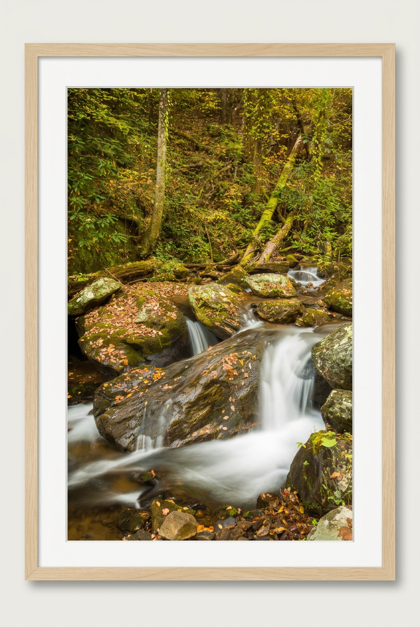 Small Water Fall in Autumn with wood frame and white mat